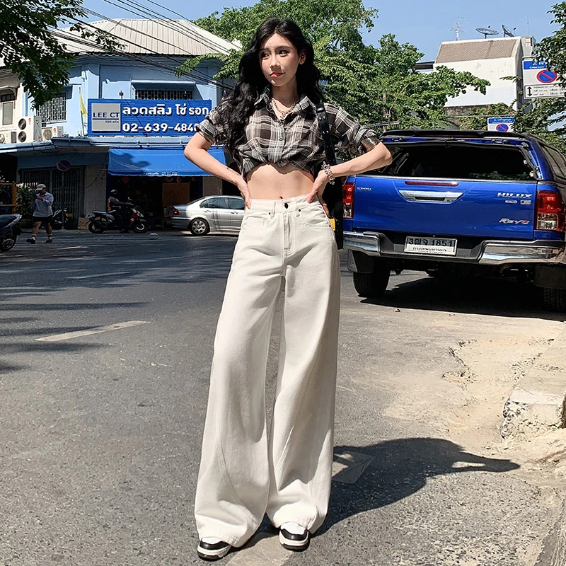 潮源春夏季新款设计感镰刀裤高腰宽松直筒阔腿裤白色拖地牛仔裤女