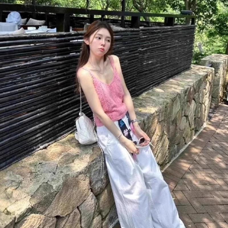 法式镂空粉色针织吊带背心女2025新款春夏季外穿v领短款无袖上衣