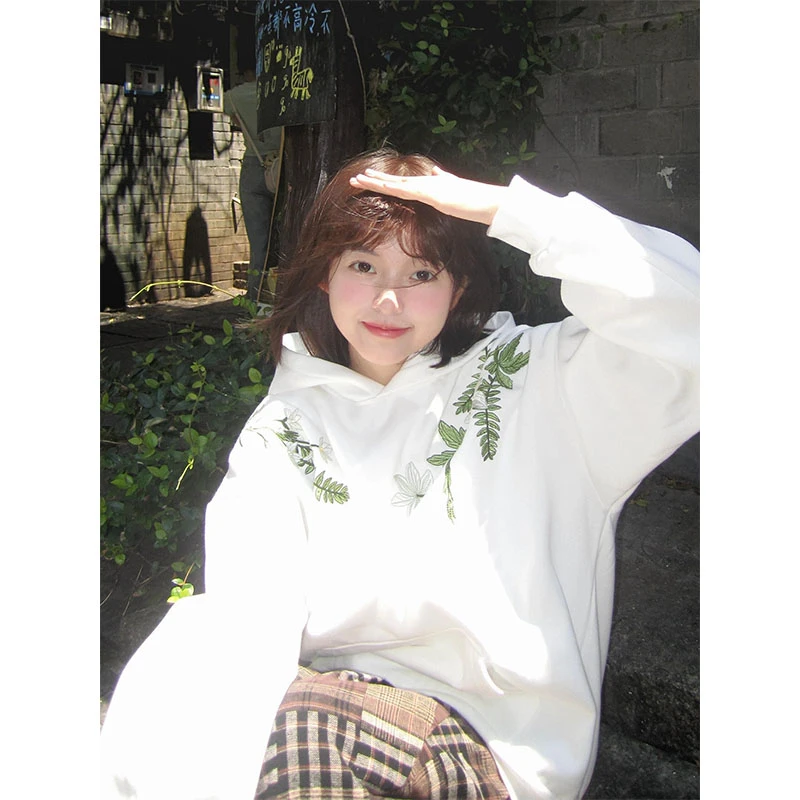 国潮绣花白色连帽卫衣女秋冬爆款美式复古宽松oversize休闲上衣潮