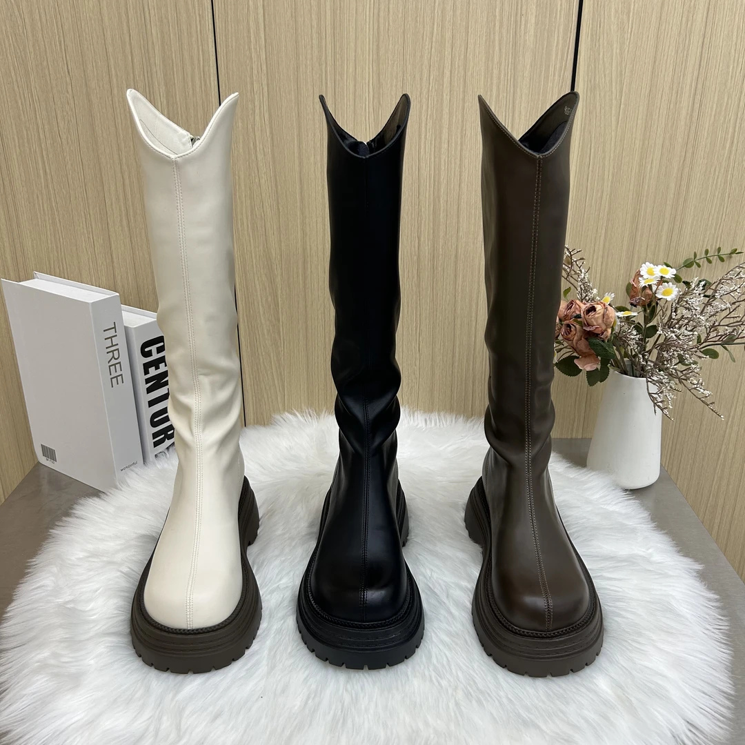超显瘦V口厚底长筒靴女英伦风增高骑士靴后拉链高靴