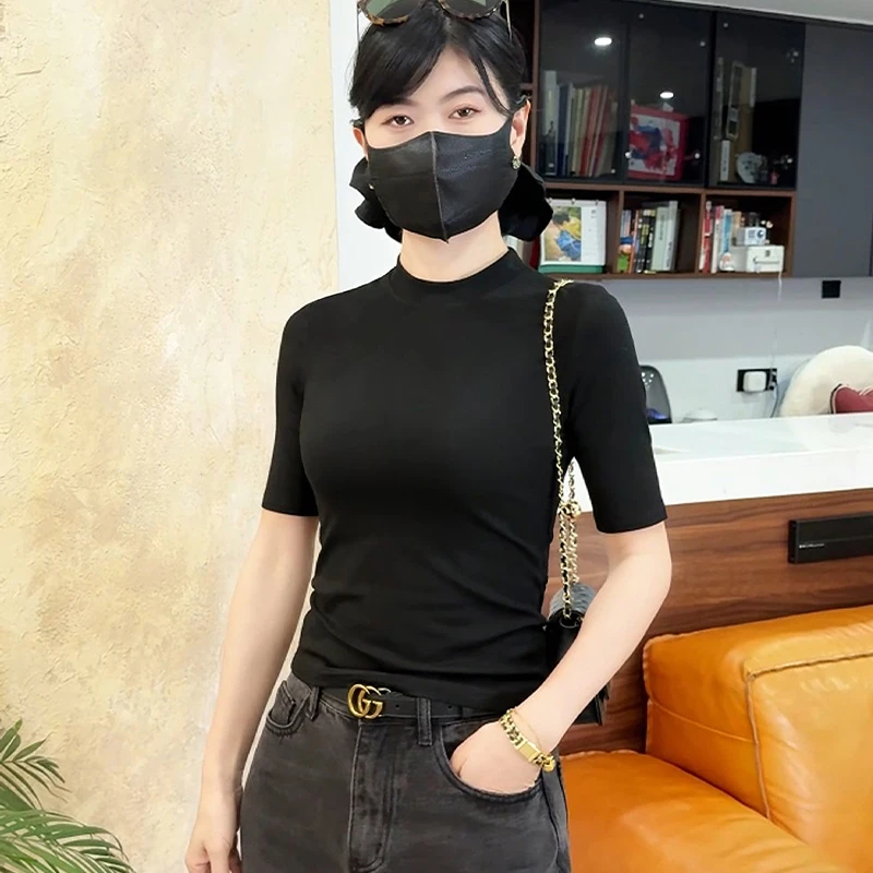 半高领螺纹中袖t恤内搭新款五分袖上衣中领小香风女装显瘦打底衫