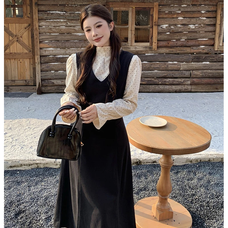 大码【芭蕾序曲】韩系甜美温柔秋冬背心连衣裙+miu系波点衬衣套装女