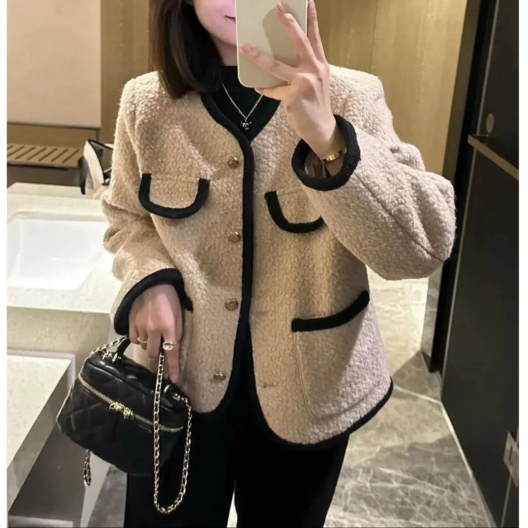 117  韩系法式复古慵懒小香风羊羔毛颗粒绒外套