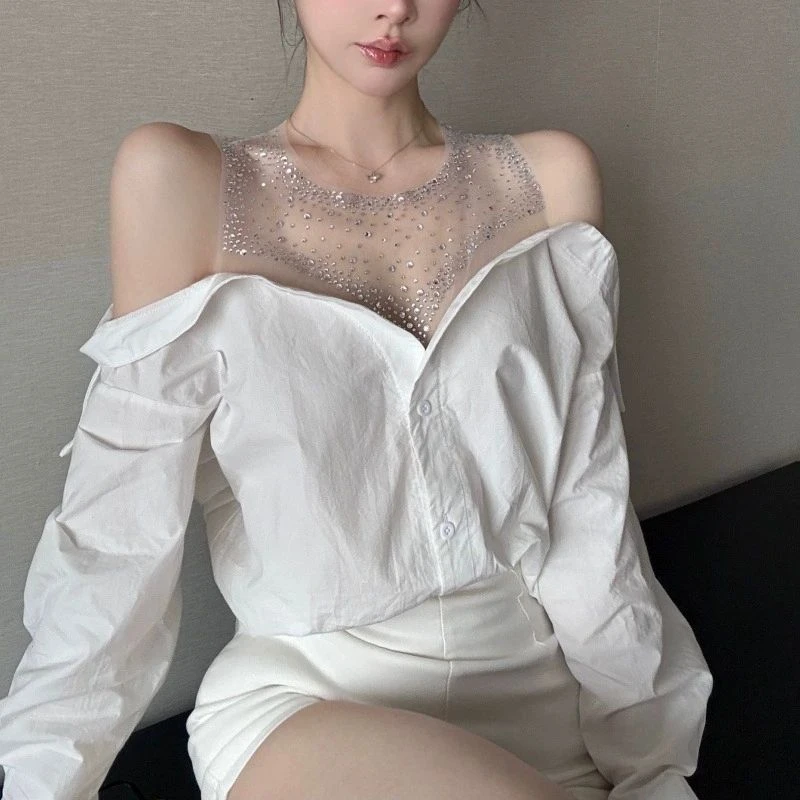 设计感一字肩烫钻网纱拼接假两件衬衣女秋冬季高级感露肩长袖上衣