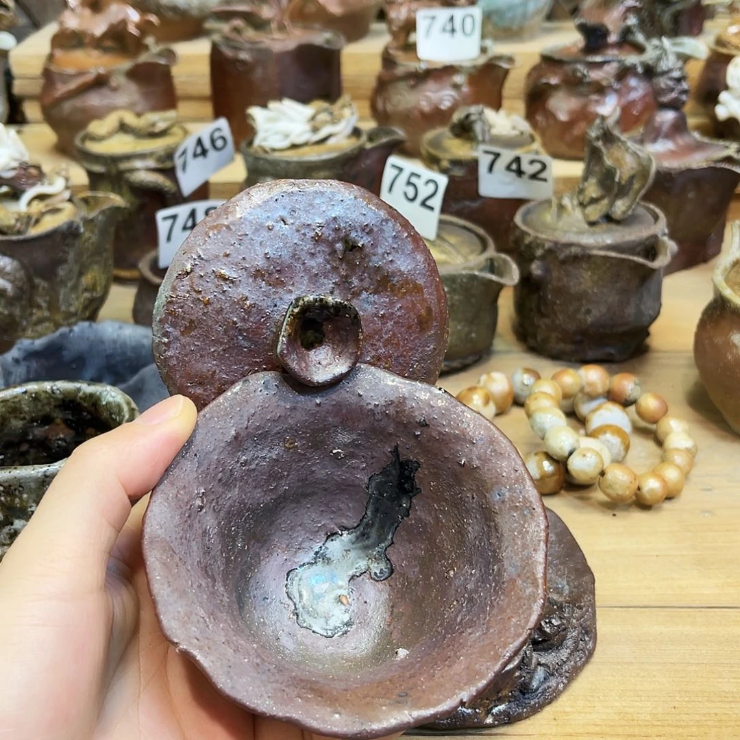 杯柴烧粗陶手捏盖碗