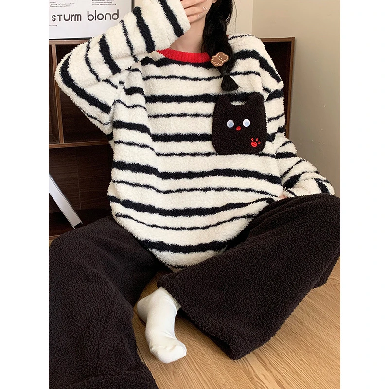 可爱熊睡衣女秋冬季加厚半边绒保暖卡通可外穿少女家居服套装