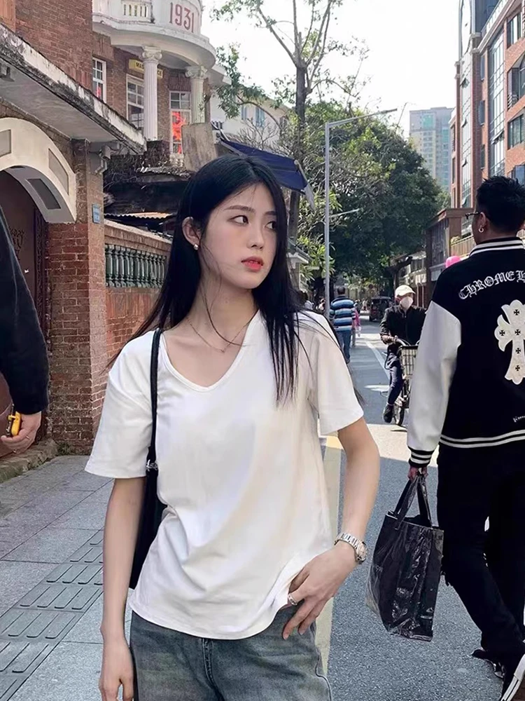 白月光 宽松v领短袖T恤 显瘦百搭基础短袖纯色