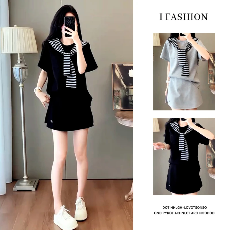 时尚小个子套装女2025年夏季新款休闲减龄宽松短袖t恤裤裙两件套