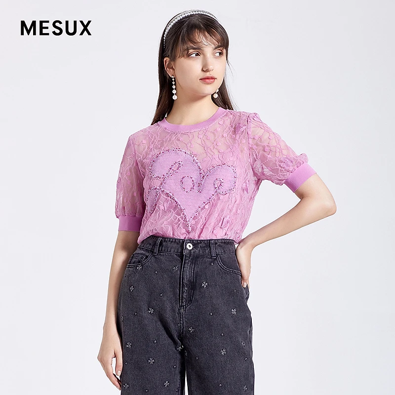 【许半夏专享】MESUX米岫夏玫红色带吊带绣花蕾丝上衣MJMUD