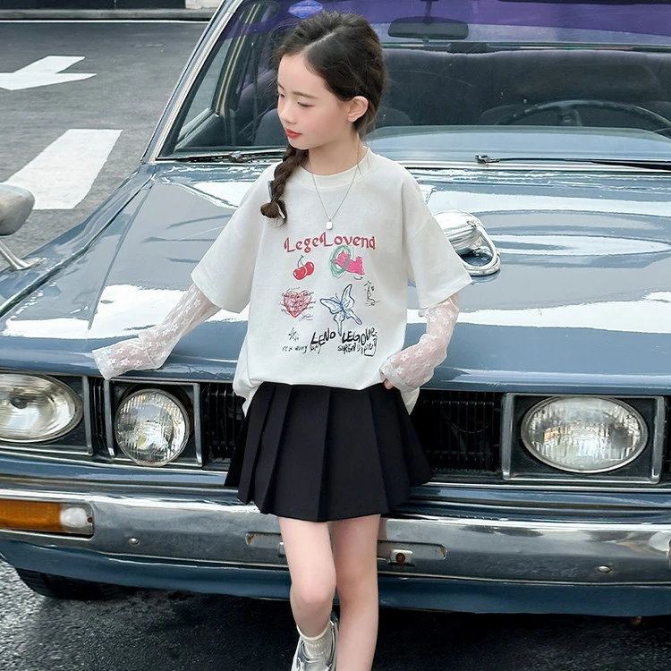 女童夏季新款短袖T恤2025新款防晒蕾丝袖中大童女孩童装卡通印花