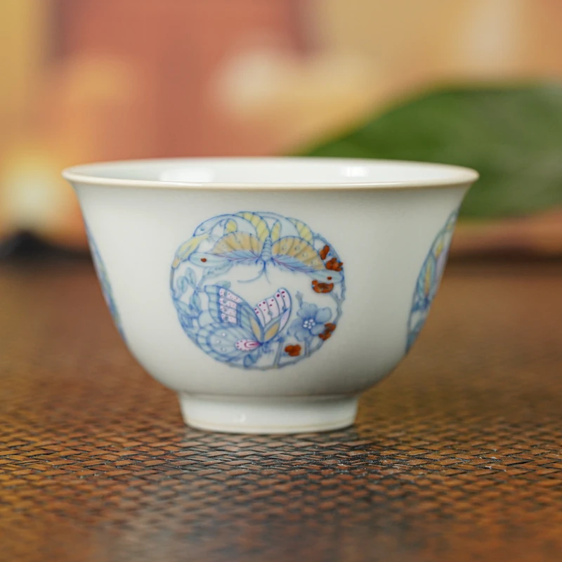 觉山隐窑团花彩蝶纹杯 jsyy23