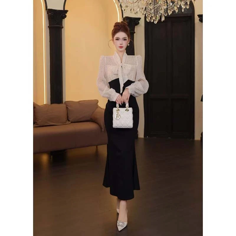 时尚法式显瘦女装长袖设计感拼接连衣裙LJ0094