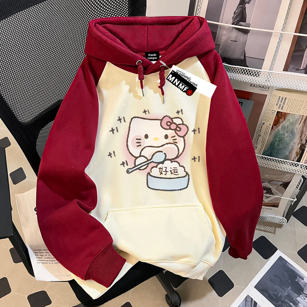 可爱凯蒂猫秋冬加绒2025新款女童插肩连帽卫衣洋气百搭中大童上衣