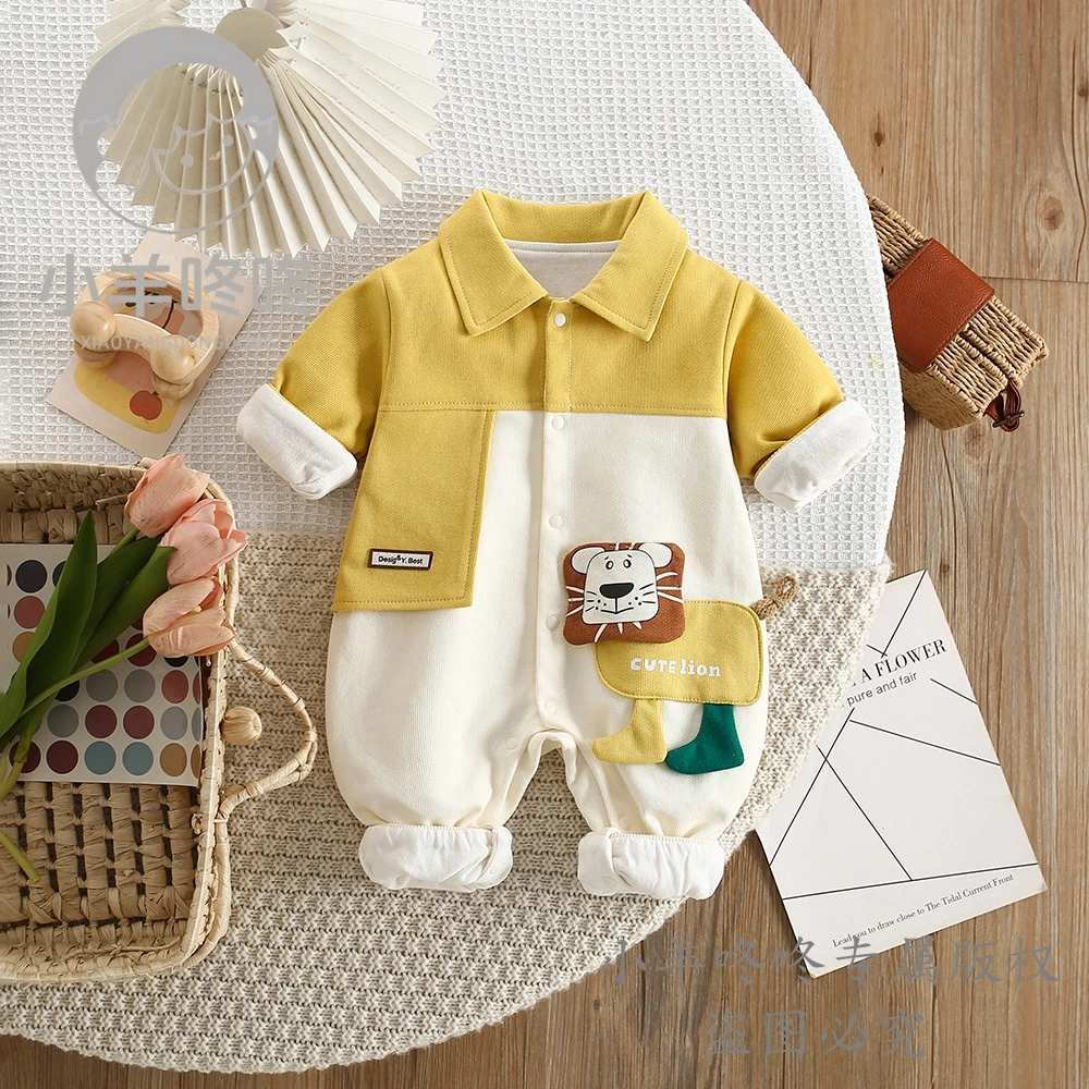 新款春秋款双层二维方形拼色狮子翻领男女宝婴幼长袖连体衣爬爬服