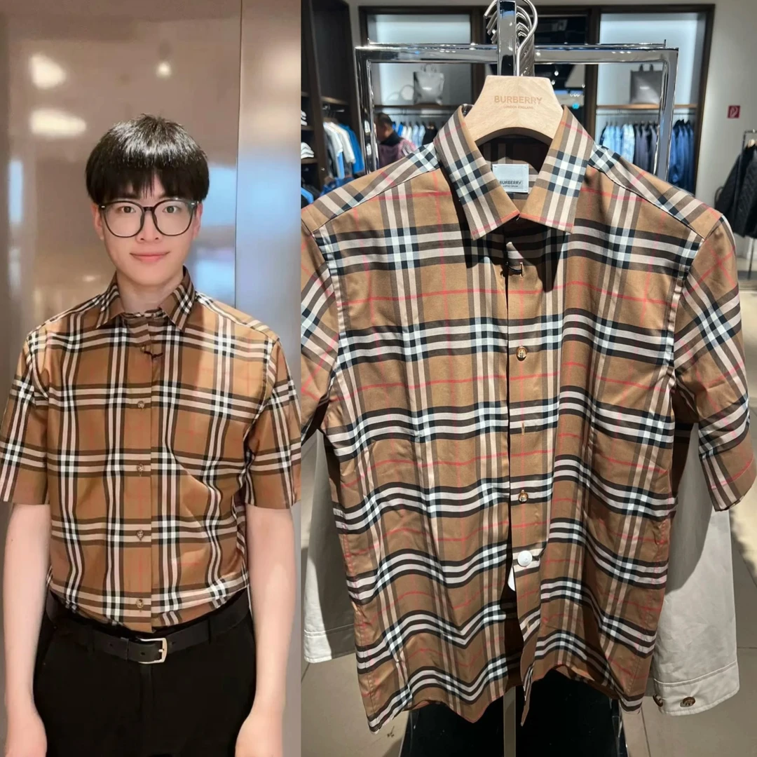 未使用 BURBERRY/博柏利 男桦木棕色中格纹短袖衬衫 半袖衬衣