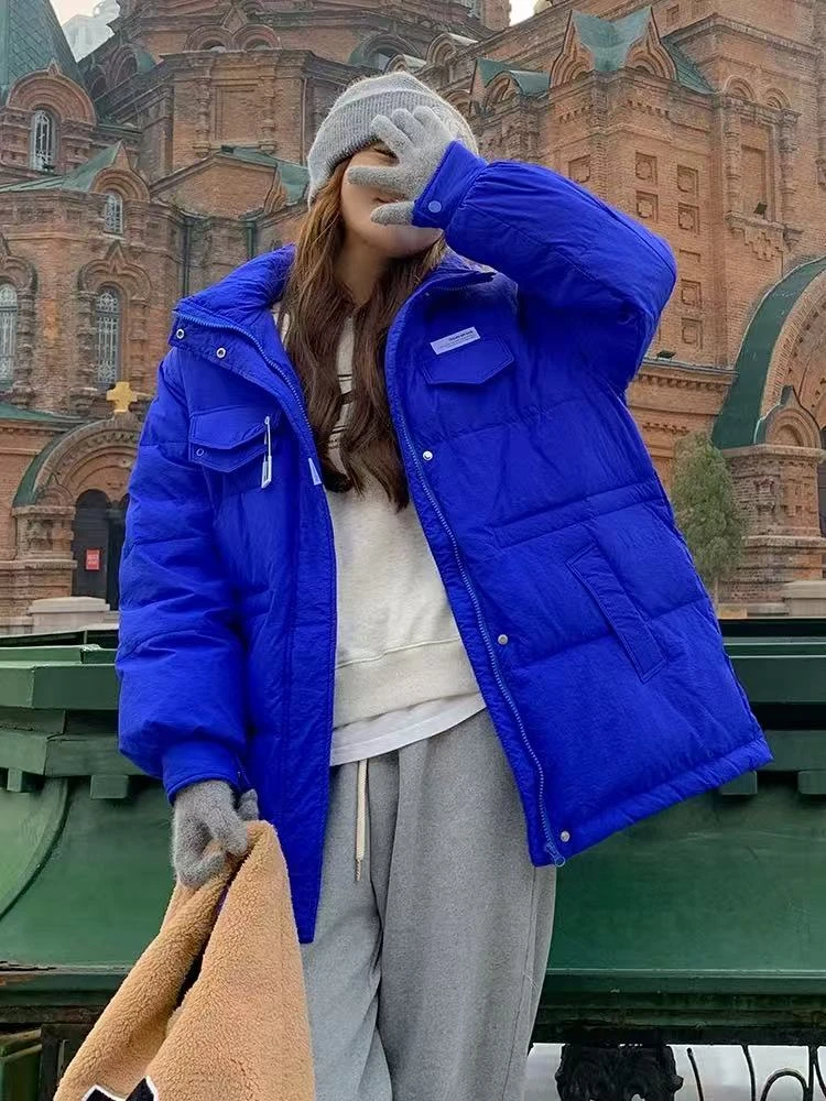 8166  M韩版时尚克莱英蓝连帽羽绒服女2025年冬季新款显瘦外套