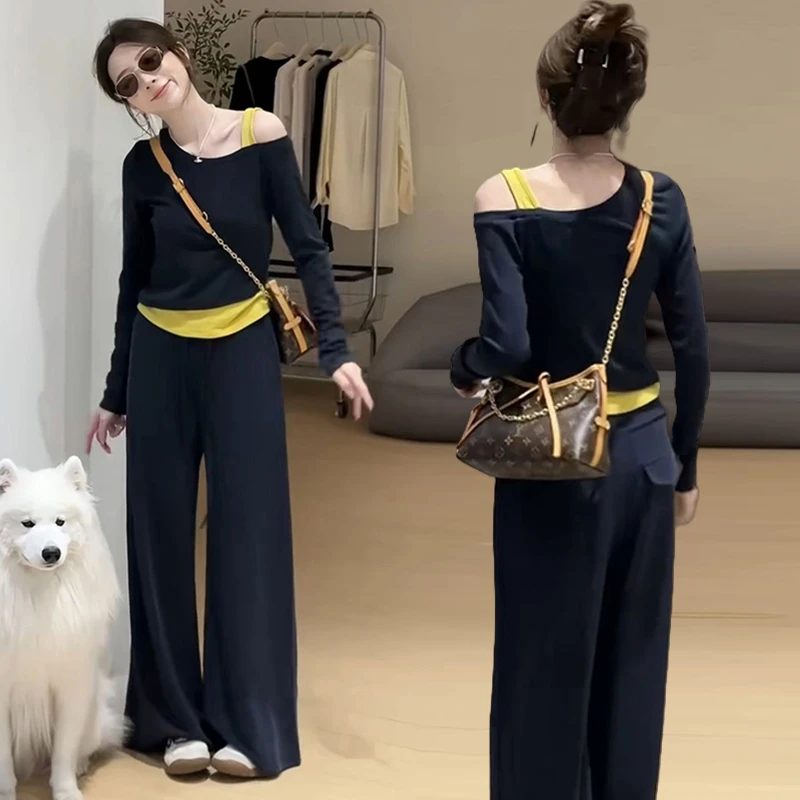 孕妇装秋季套装2025新款韩系设计感洋气露肩假两件上衣抽绳阔腿裤