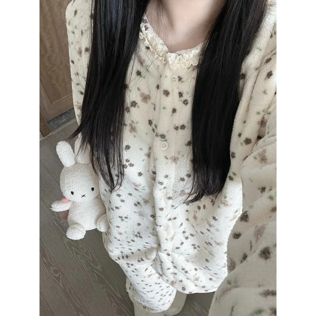 韩系可外穿咖色小碎花珊瑚绒睡衣女秋冬新款套装甜美风毛衣家居服