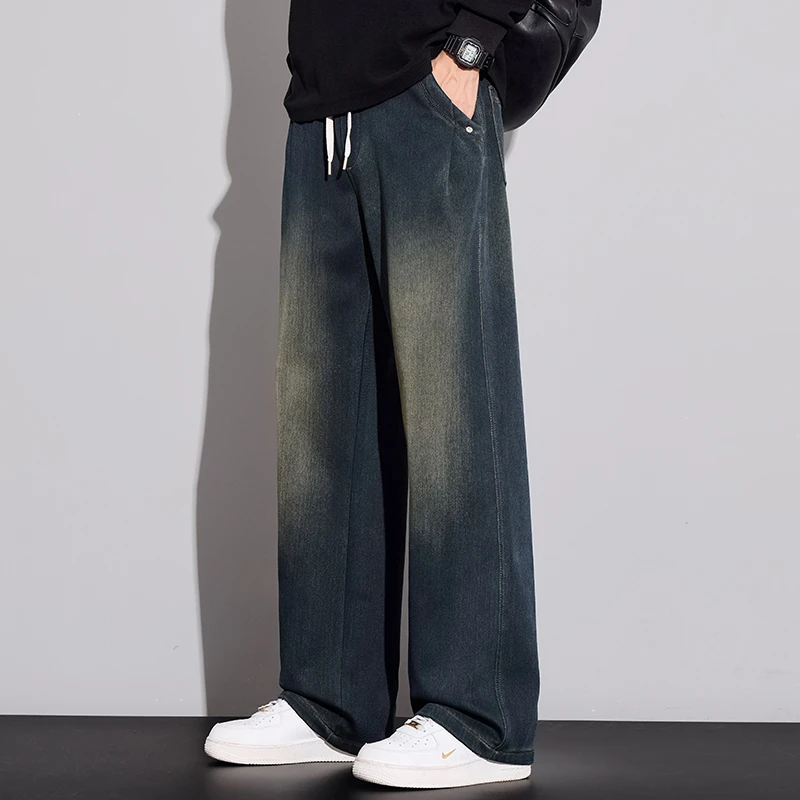 2025秋季新款针织牛仔裤男士美式潮牌宽松直筒休闲水洗阔腿长裤子