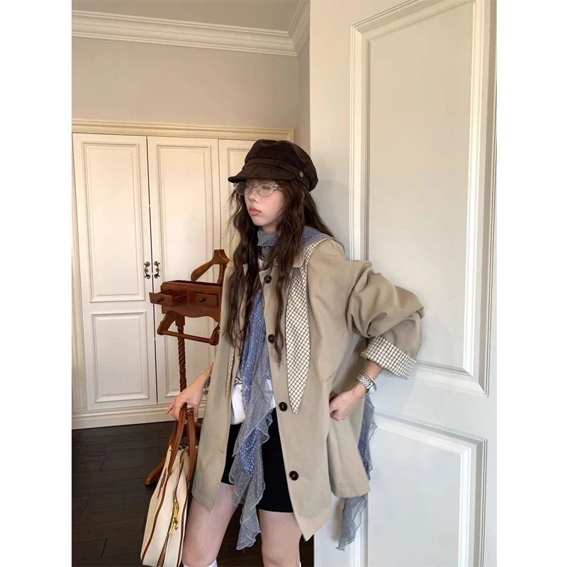 MissCocoli可可里小姐格子拼接风衣外套秋季小个子休闲连帽大衣