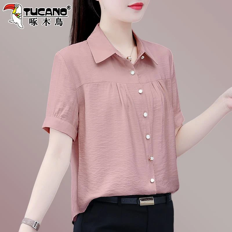 啄木鸟短袖衬衫2025新款女夏款雪纺衫衬衣中年妈妈宽松遮肚子上衣