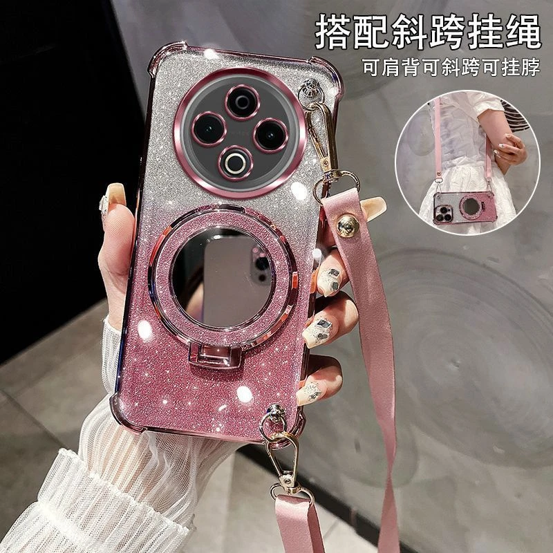 vivoY500手机壳V2506A轻奢女款斜跨挂绳四角防摔化妆镜支架软硅胶