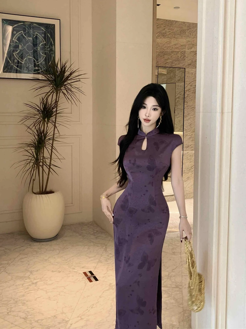 紫色显白新中式国风高级改良提花缎面短袖旗袍春夏气质长款连衣裙
