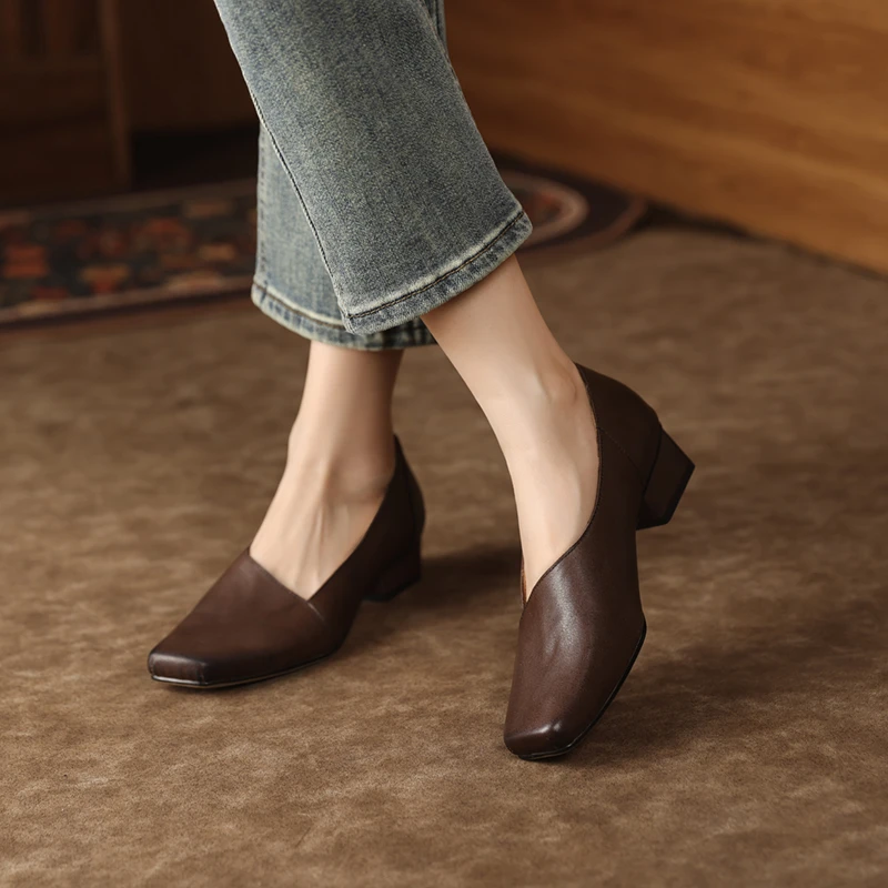 牛皮3.5公分/复古方头粗跟单鞋女春秋真皮舒适百搭浅口小皮鞋女鞋