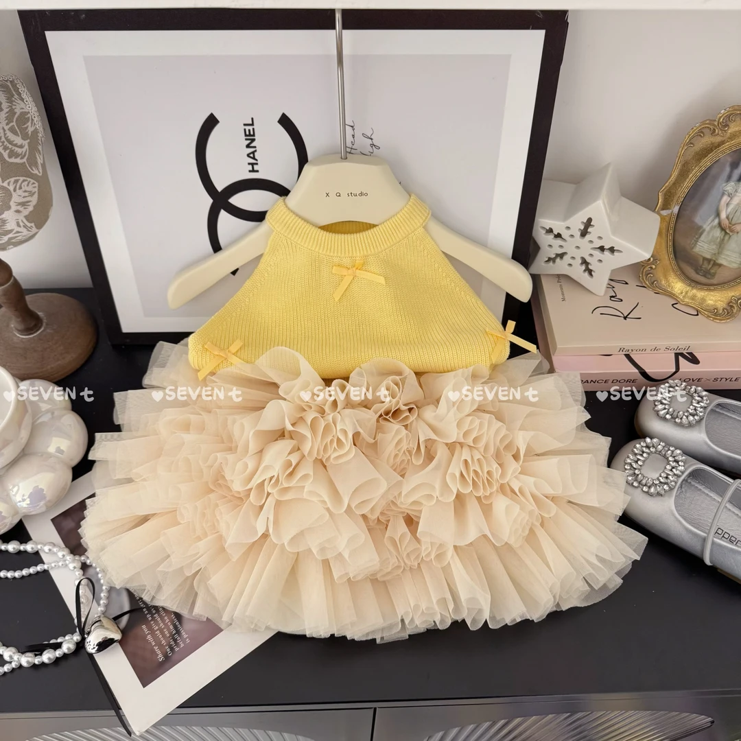 女童2025夏季新品蝴蝶结背心+半身纱裙套装C23109