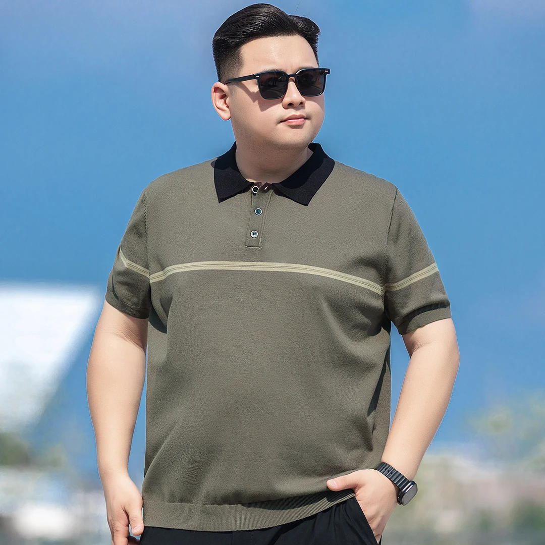 撞色条纹针织短袖男加肥加大码胖子毛衣套头半袖肥佬打底毛线衫