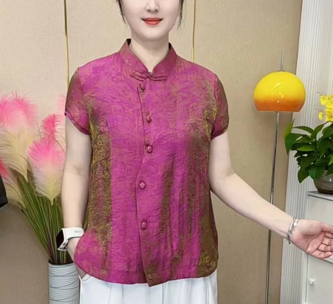 2025新款爆款夏季短款宽松型圆领短袖衬衫衬衣夏装国风网红性感风