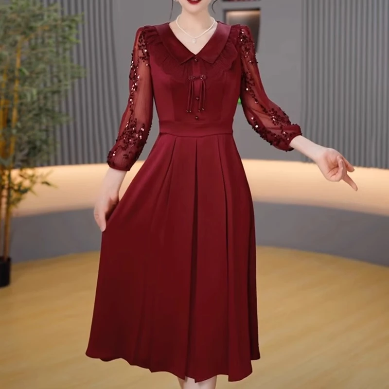 妈妈高端气质长袖连衣裙女2025春季新款喜婆婆高级感婚宴礼服裙子