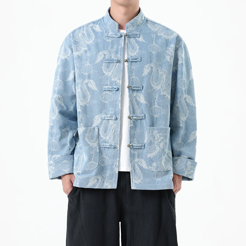2025秋季新款中国风男装牛仔夹克新中式复古休闲大码外套刺绣唐装