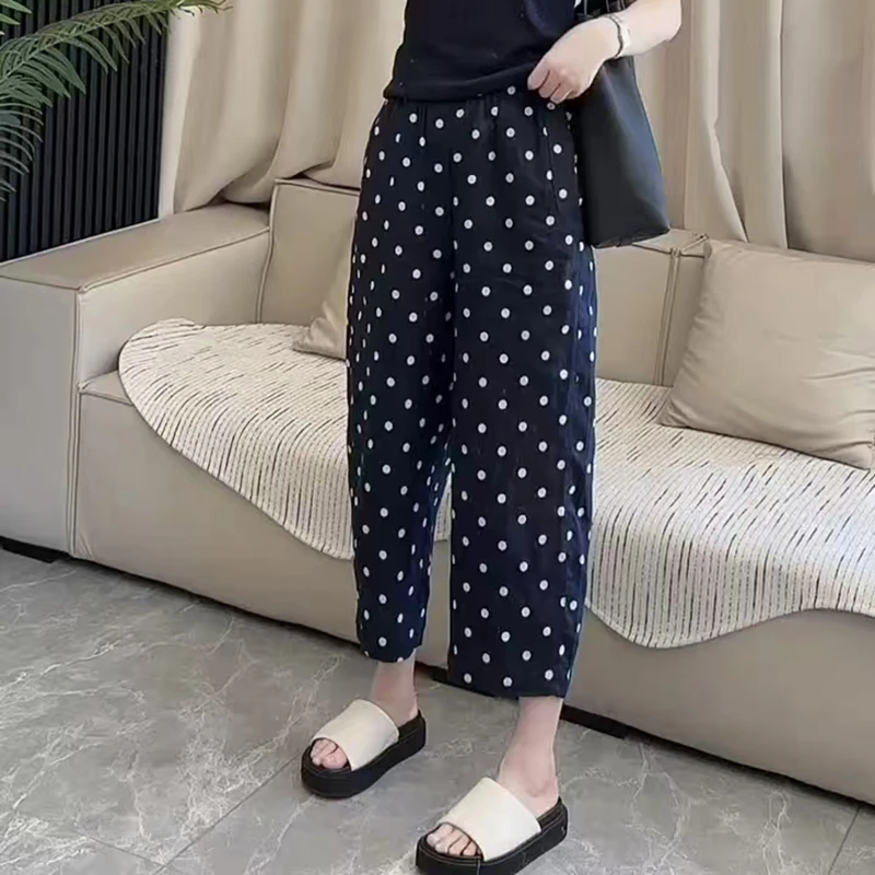 2025年夏季薄款高腰波点休闲裤女大码宽松时尚松紧腰八分直筒裤子
