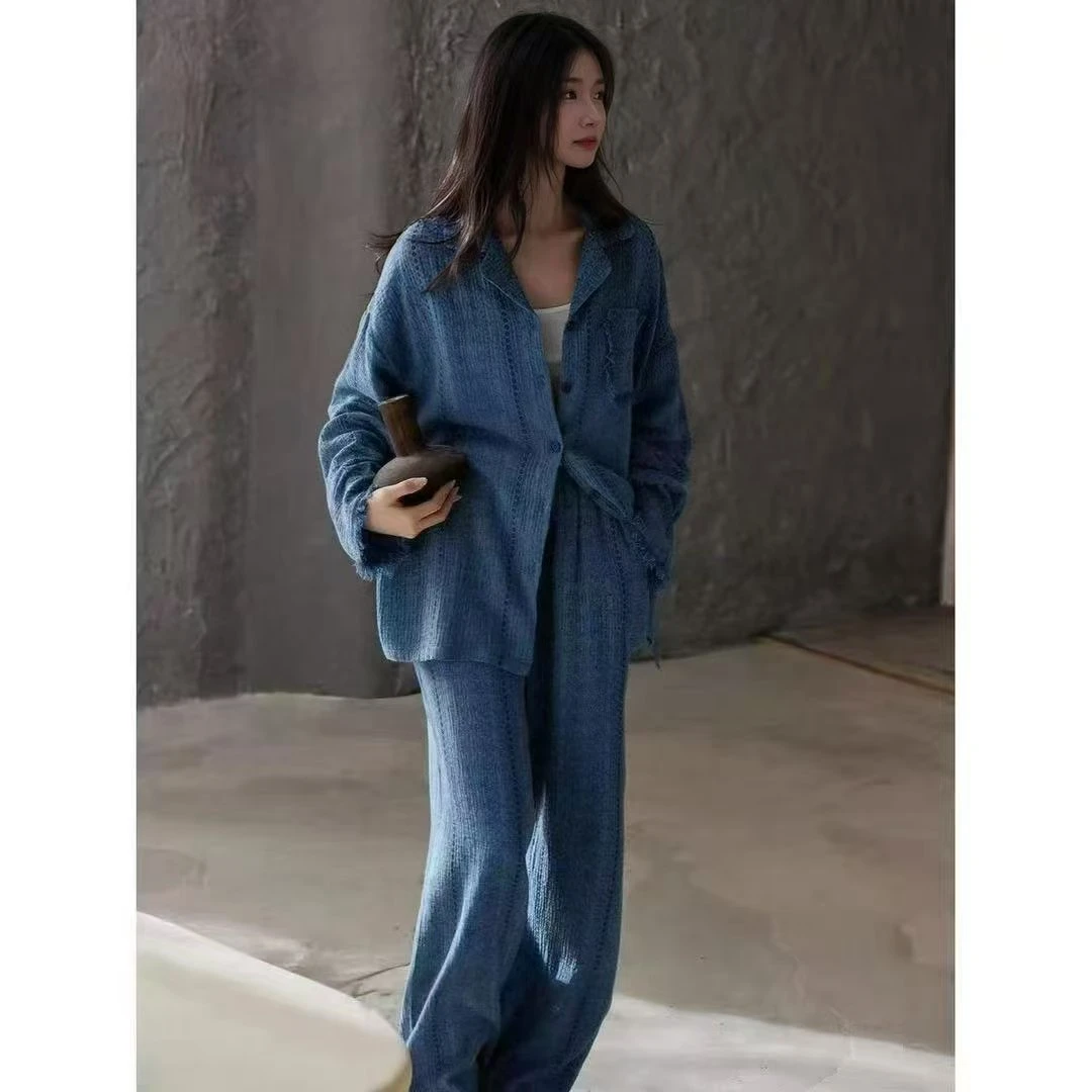 春秋季新款休闲慵懒风可外穿家居服长袖长裤睡衣女士带胸垫
