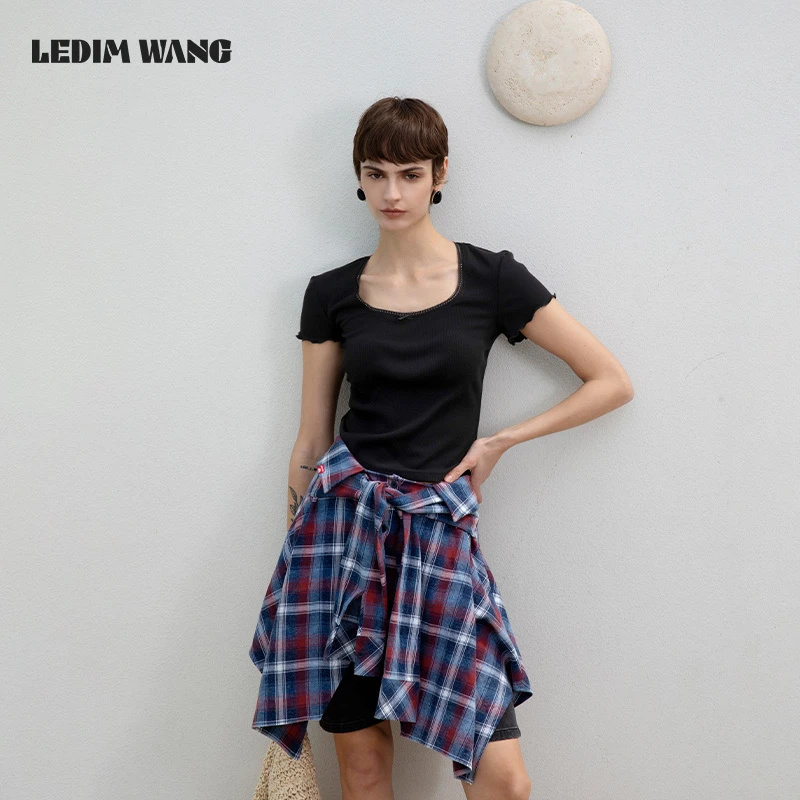 LEDIM WANG复古做旧水洗格纹半身裙女小众设计感衬衣结构搭片围裙