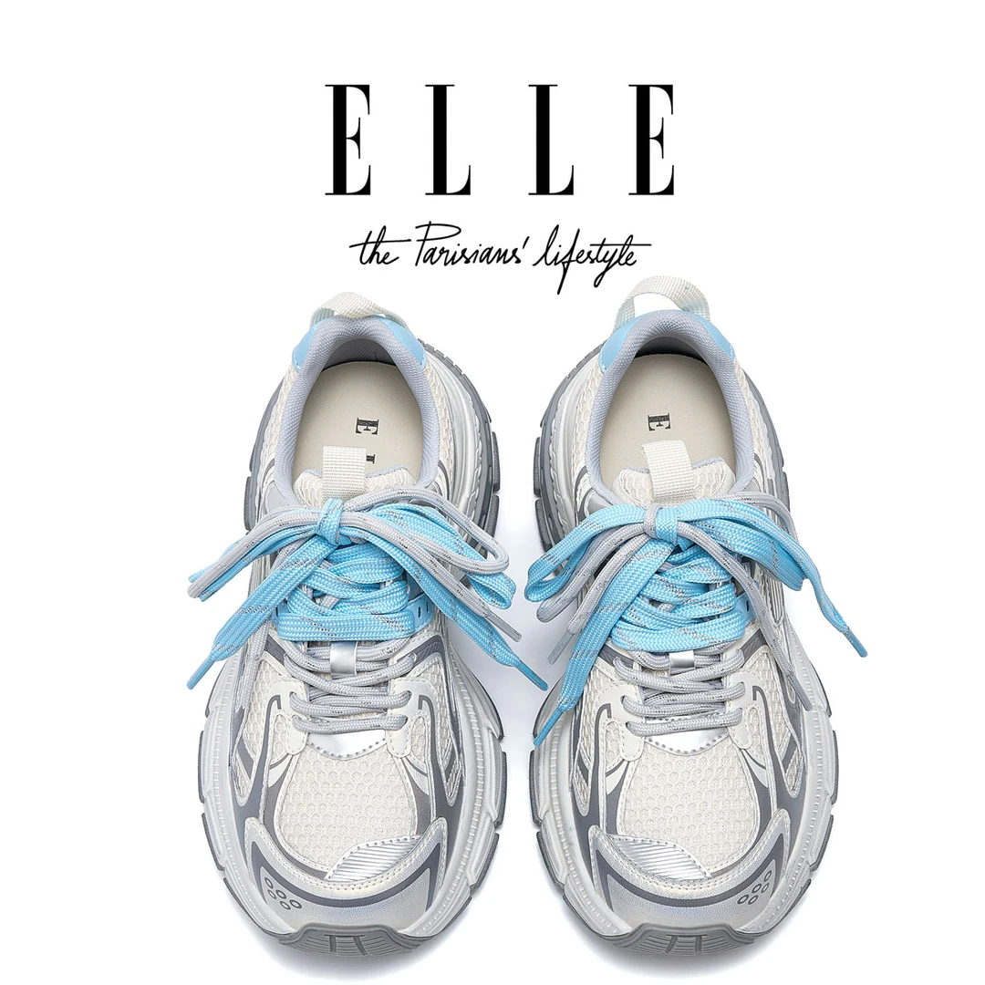 ELLE高级感双色鞋带厚底巴黎老爹鞋女复古百搭轻便休闲增高运动鞋
