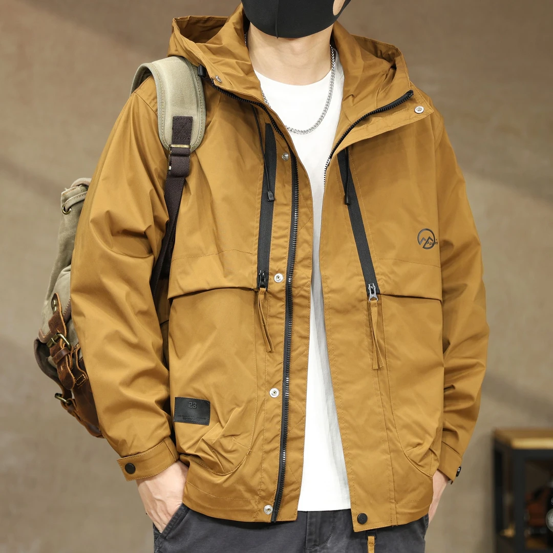 美式高端户外拉链口袋冲锋连帽夹克男秋季新款山系痞帅登山服外套