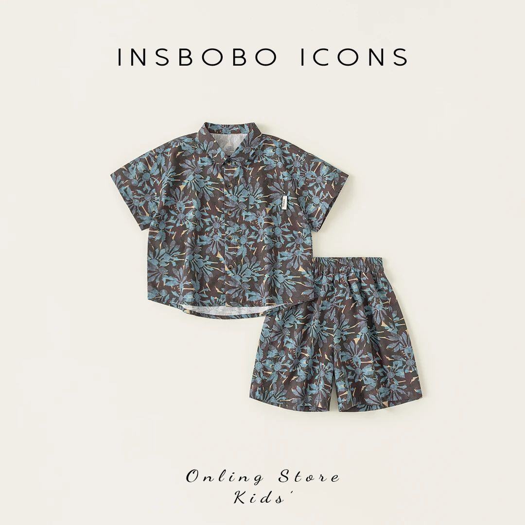INSbobo儿童夏季套装短袖印花休闲衬衫印花休闲短裤两件套XT65121