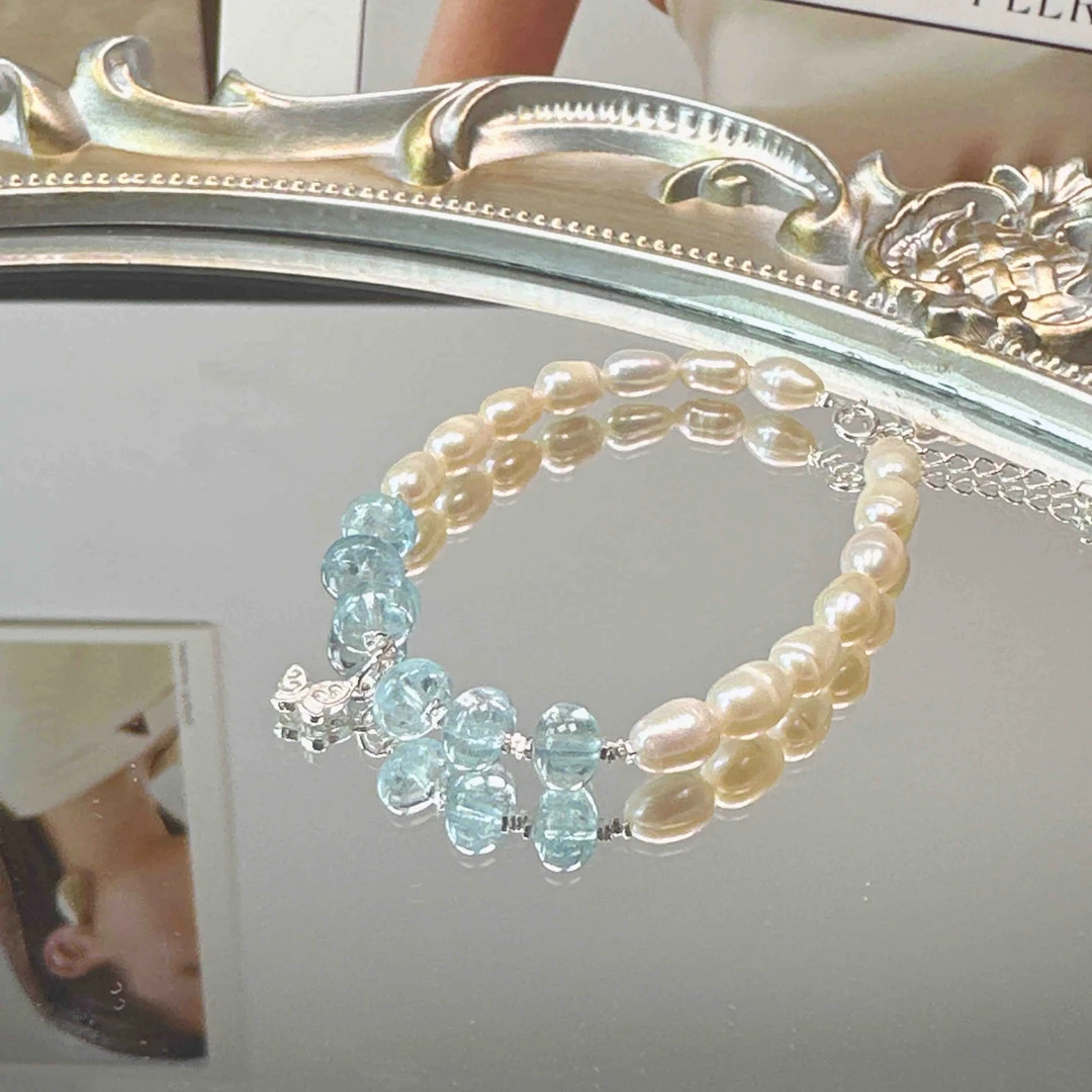《蓝蝶语》珍珠搭配蓝托帕石手链S925银1034 颜色微差 多样性发一