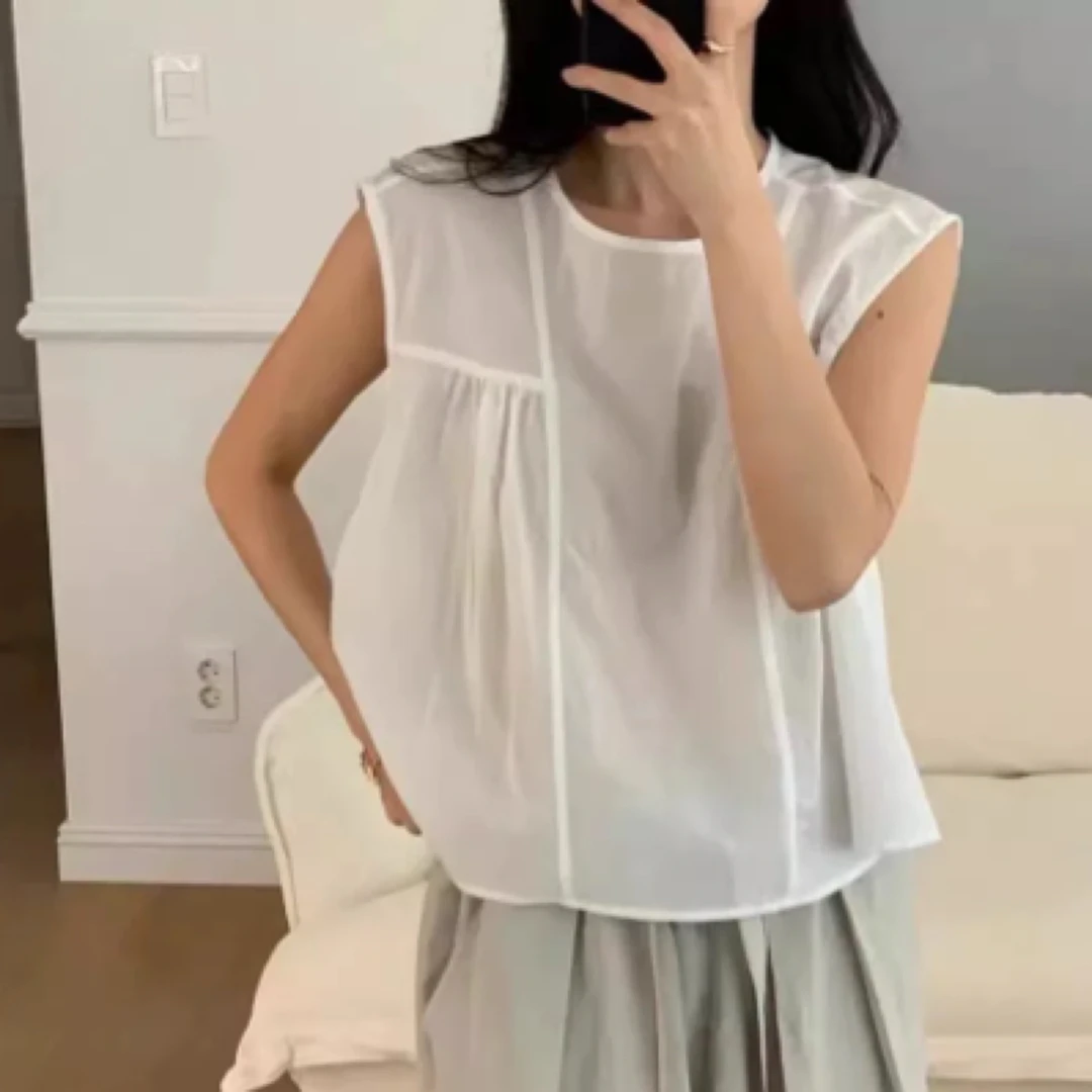 现~韩国东大门代MOWER女韩系褶皱圆领纯色宽松无袖衬衫