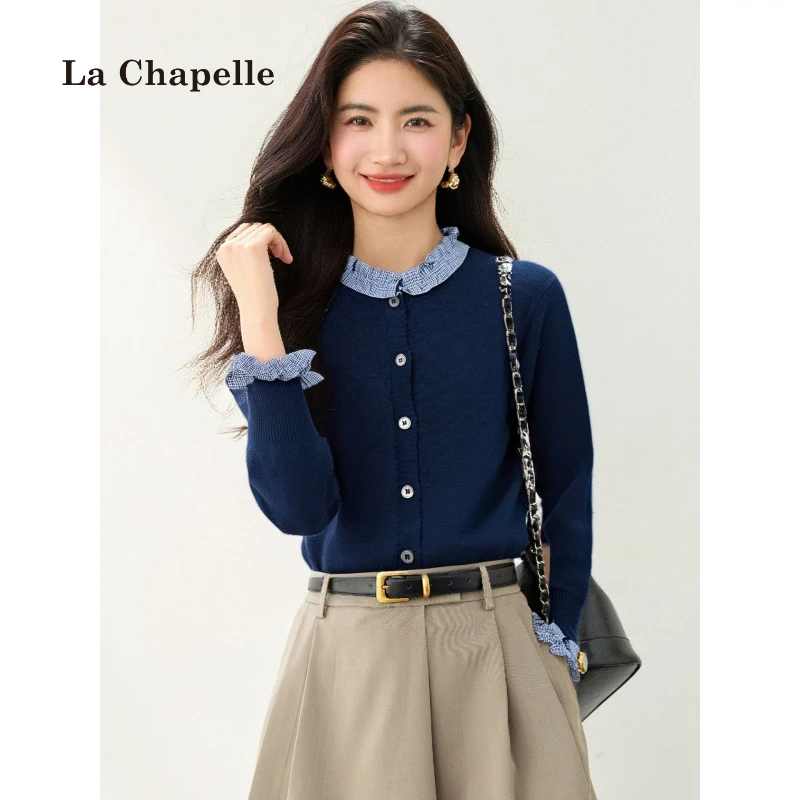 拉夏贝尔韩版高级感法式木耳边针织开衫女秋季格纹拼接设计感上衣