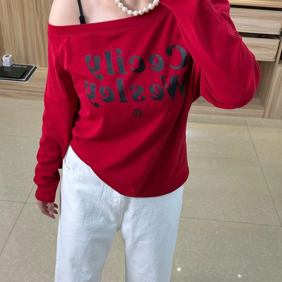 Yoyo大码女装百搭斜肩字母棉T恤长袖胖MM时尚通勤显瘦打底衫