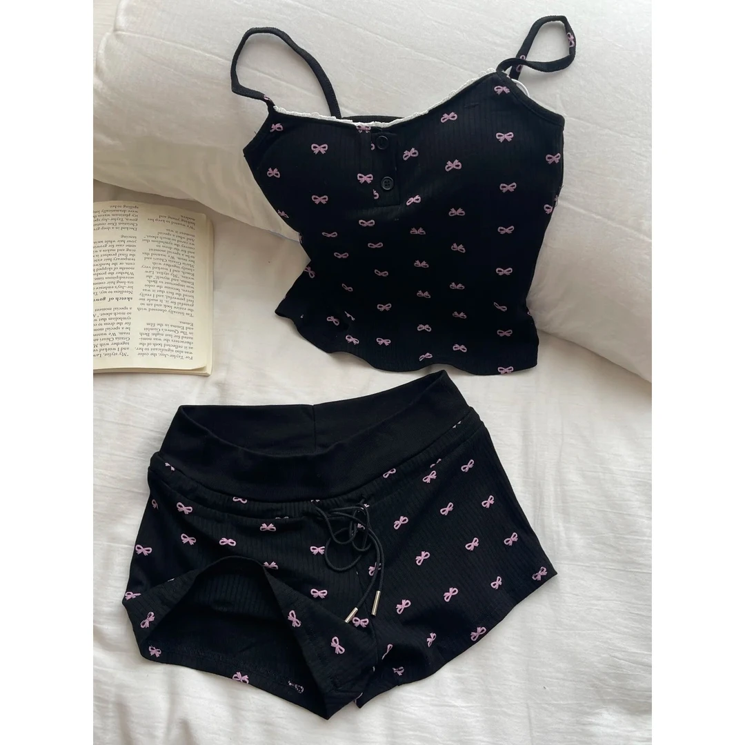 显瘦带胸垫蝴蝶结印花吊带短裤睡衣女春夏季2025年家居服套装外穿