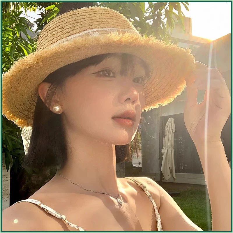 夏季遮阳帽甜美蝴蝶结大帽檐显脸小法式女草帽沙滩防晒空顶帽