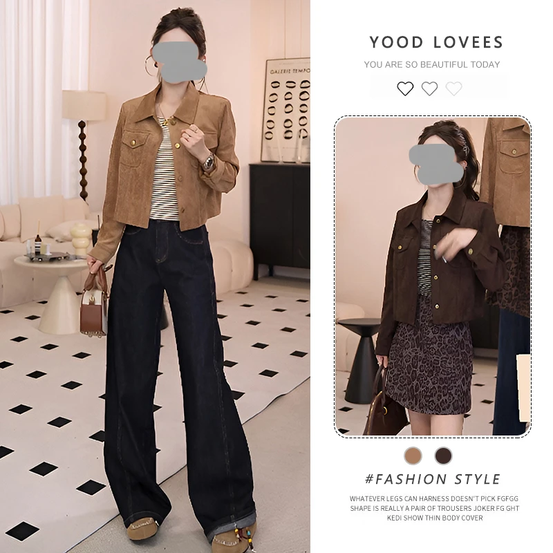 复古时尚翻领短外套女装2025春秋新款宽松休闲百搭小个子翻领上衣