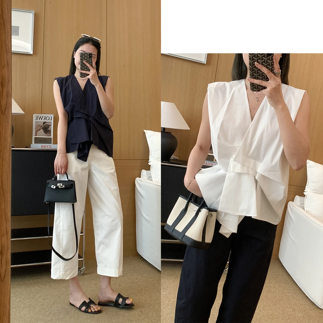 大叮自制【双生结衬衫】品牌同款设计感V领褶皱无袖衬衫！S6005