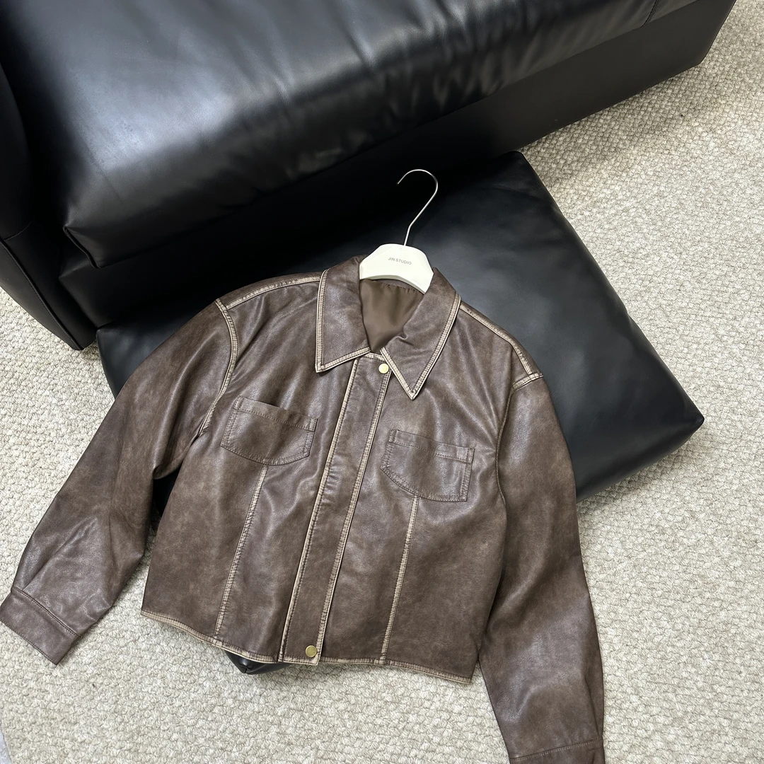 【锦衣鹊羽】66167擦色款皮衣苦咖啡色