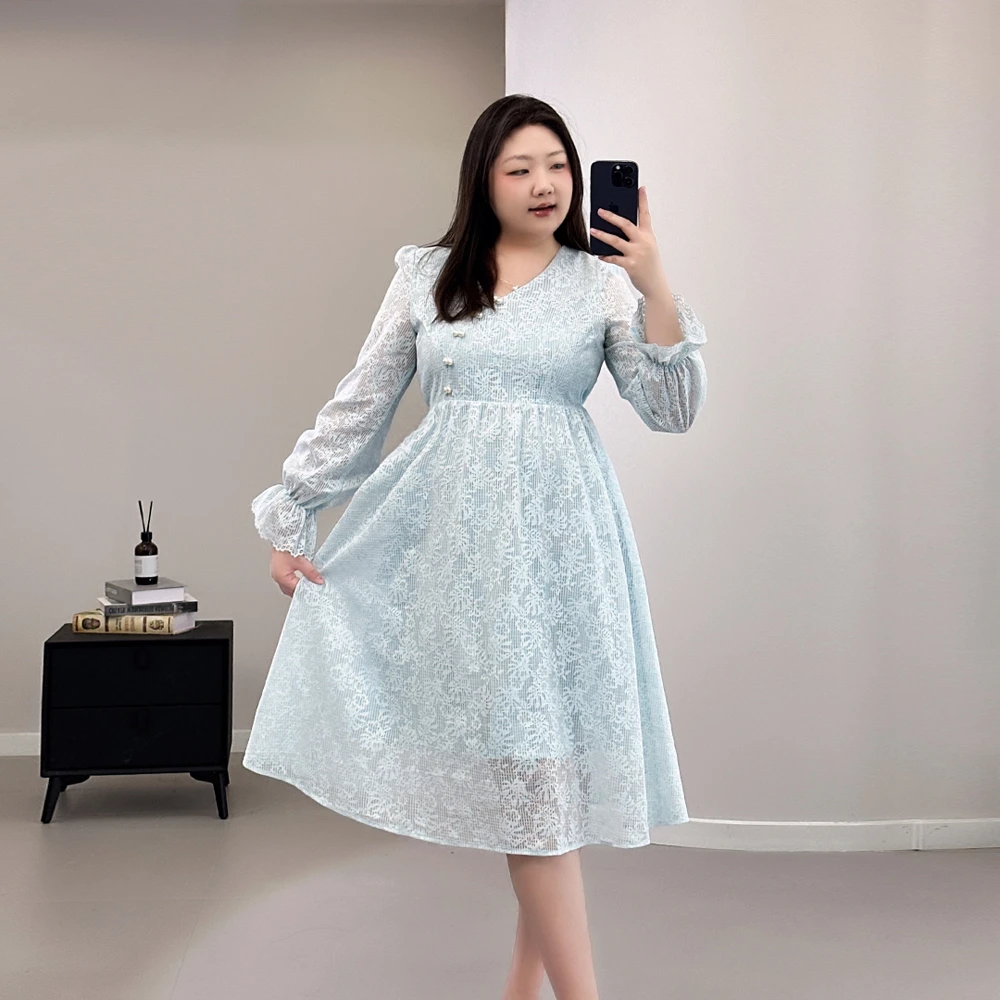 【岩心】大码女装240斤胖MM法式提花蕾丝V领不对称珠珠连衣裙k2983