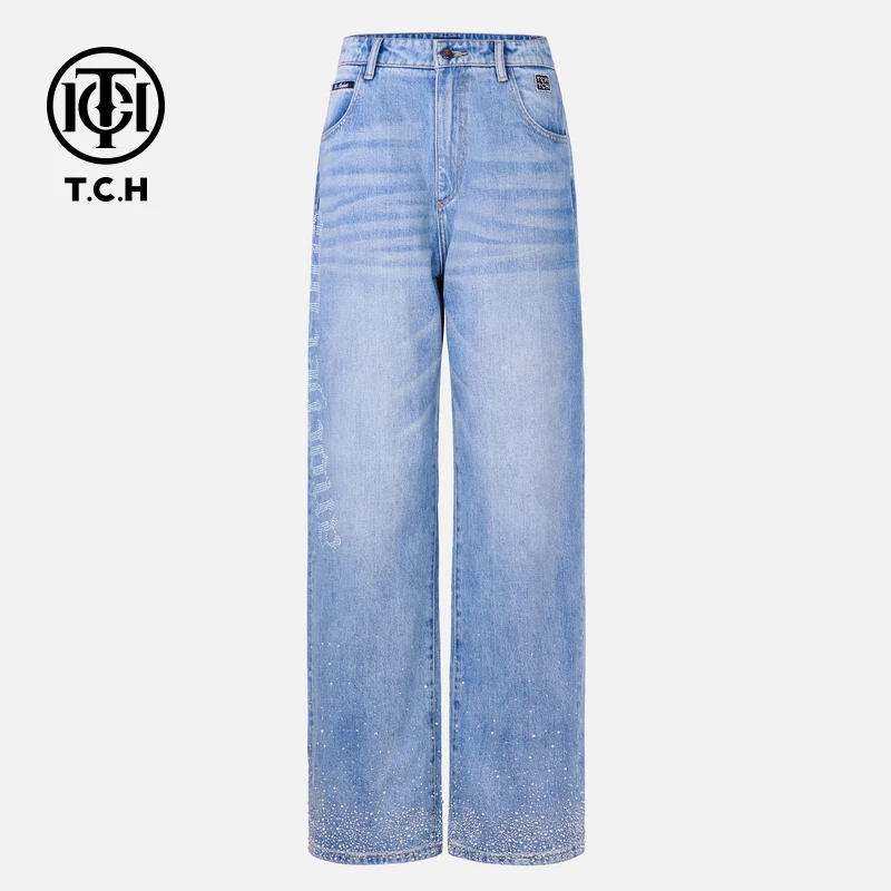 TCH轻奢烫钻工艺老钱风百搭高腰裤子牛仔裤女T72C20E5034私服tch